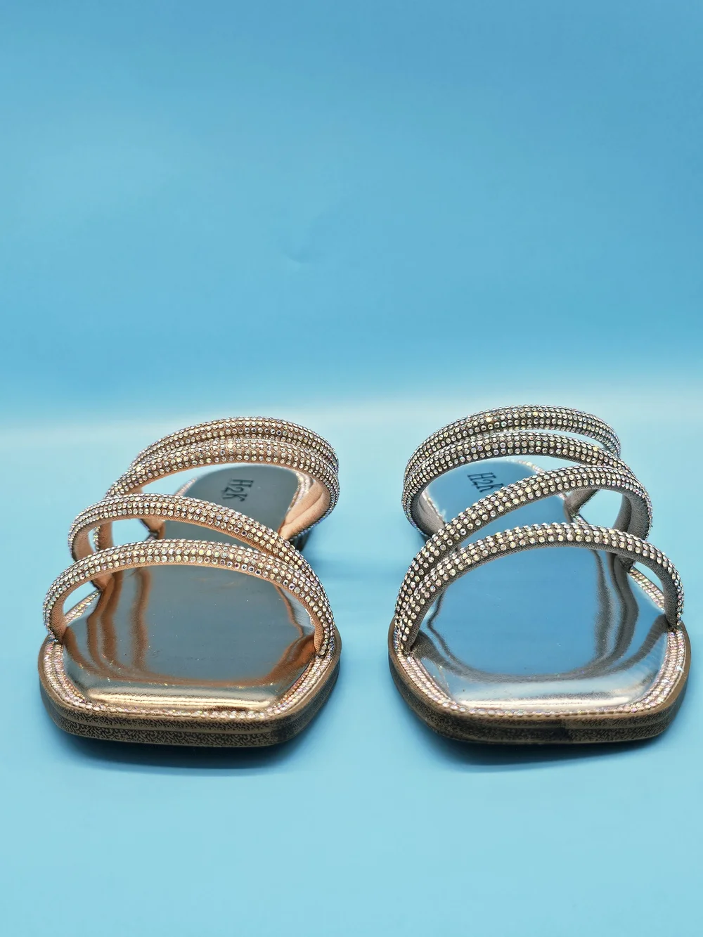 Women's Metallic Rhinestone Strap Slide Sandals - Rose Gold